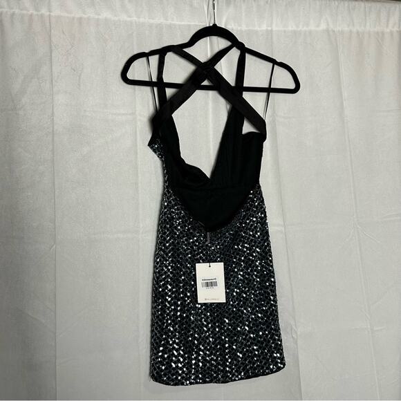NWT Hello Molly Black & Silver Sequin Open Cross Back Plung Deep V Mini Dress 4 - Picture 2 of 5